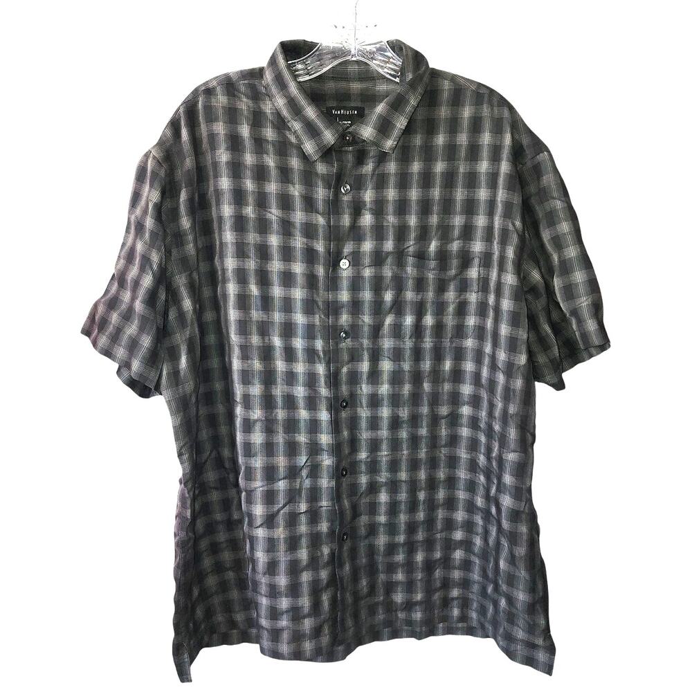 Van Heusen Men's Black & Gray Plaid Short Sleeve Shirt Size XL